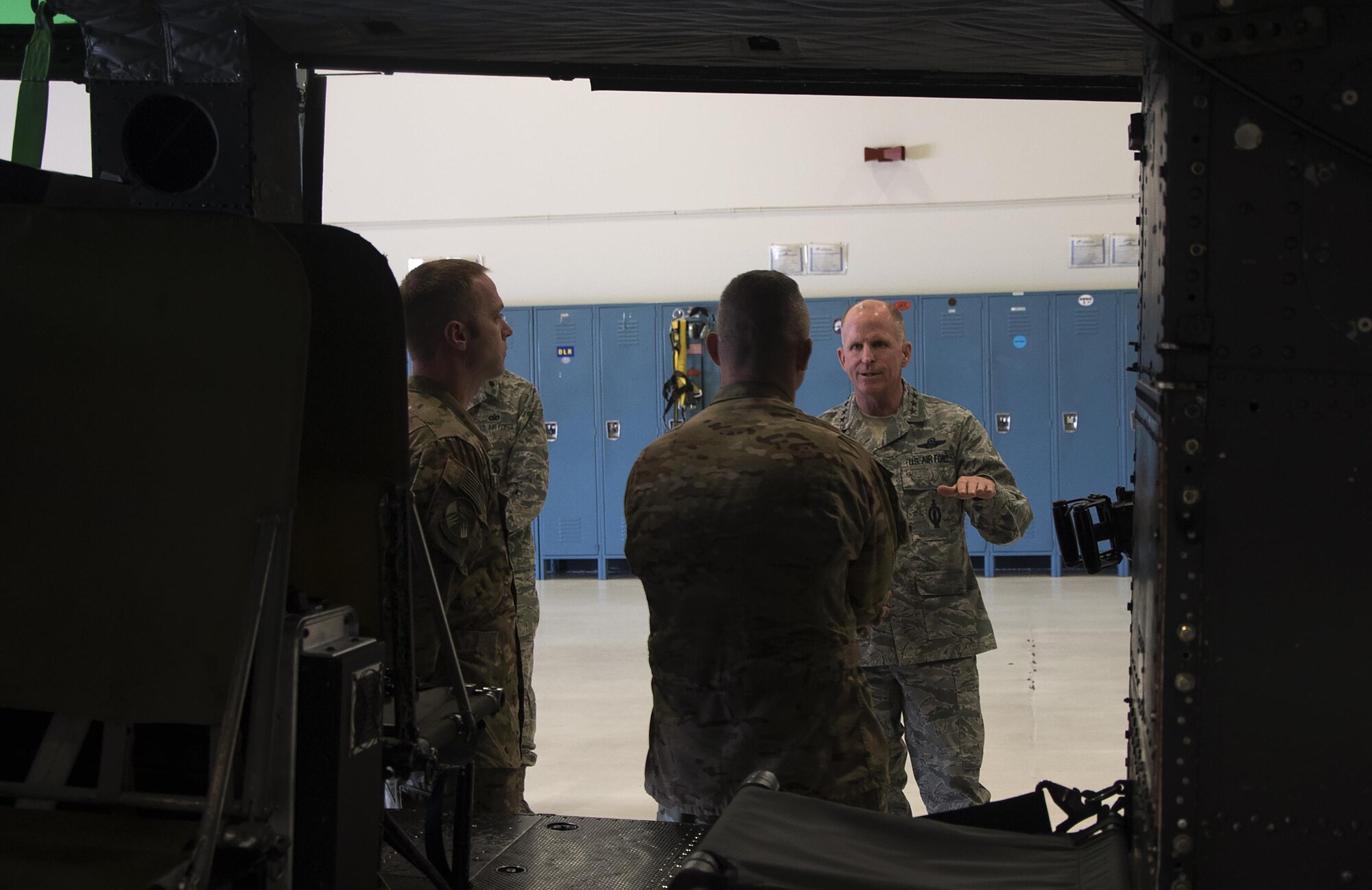 Air Force Vice Chief of Staff Gen. Stephen W. Wilson speaks with Airmen from the 37th Helicopter Squadron and the 790th Missile Security Forces Squadron Tactical Response Force on F.E. Warren Air Force Base, Wyo., Oct. 21, 2016. Wilson asked for the Airmen’s opinions on recent changes to the helicopters and ways they could be improved in the future. (U.S. Air Force photo by Senior Airman Brandon Valle)