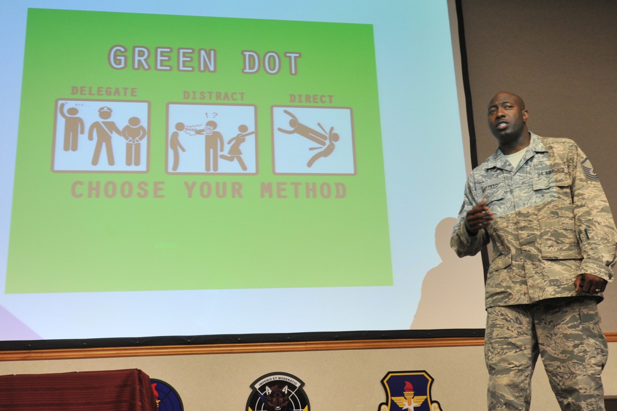 U.S. Air Force Master Sgt. Timothy Whitfield, 325th Maintenance Squadron munitions storage NCO in charge, explains the delegate, distract and direct methods of resolving a potentially interpersonal violent situation at the 337th Air Control Squadron Dex Rogers auditorium on Tyndall AFB, Fla., Oct. 20, 2016. Whitfield described multiple scenarios where each method would be most useful along with examples of how to avoid dangerous situations. (U.S. Air Force photo by Senior Airman Ty-Rico Lea/Released)