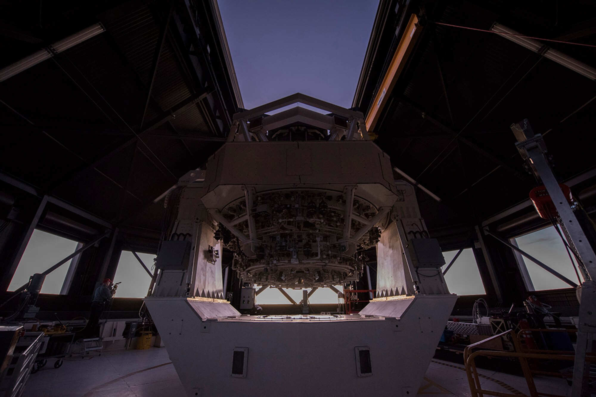 WHITE SANDS MISSILE RANGE, N.M. - The Space Surveillance Telescope looks through the dome structure at a site near White Sands Missile Range, New Mexico. The telescope was designed for space situational awareness and will be moved to Australia to become part of the 21st Space Wing’s network of ground-based sensors by 2020. (Courtesy photo)