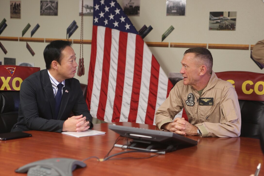 Yoshihiko Fukuda, left, mayor of Iwakuni, Japan, meets with Lt. Gen. Jon Davis, deputy commandant of aviation, Headquarters Marine Corps, aboard Marine Corps Air Station Yuma, Ariz., Oct. 24. Fukuda visited the air station to speak with Marine Corps aviation officials, observe the capabilities of the F-35B Lightning II and expand his knowledge of the aircraft before Marine Fighter Attack Squadron (VMFA) 121 relocates to MCAS Iwakuni next year. (U.S. Marine Corps photo by Lance Cpl. Harley Robinson/Released)