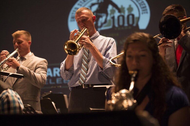Members of the Marine Corps Band New Orleans Jazz Ensemble rehearse at the Ponce La Perla Theater before a concert to celebrate the Marine Corps Reserve Centennial in Puerto Rico on Oct. 17, 2016. The Marine Corps Reserve is commemorating 100 years of rich history, heritage, espirit-de-corps, and a bond with Puerto Rico and communities across the U.S. The celebration recognizes the Reserve's essential role as a crisis response force and expeditionary force in readiness, constantly preparing to augment the active component. (U.S. Marine photo by Sgt. Sara Graham/Released)