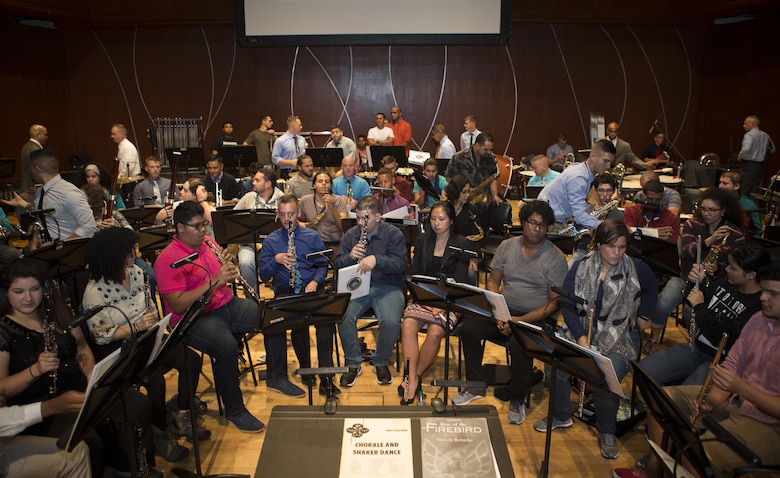 Marine Corps Band New Orleans rehearses with students from the Conservatorio de Musica de Puerto Rico in San Juan, to prepare for the Marine Corps Reserve Centennial celebration concert Oct. 18, 2016.  The rehearsal showed the students how a professional military band plays, while also allowing them to learn about the history of the Marine Corps Reserves.  The Marine Corps Reserve is commemorating 100 years of rich history, heritage, espirit-de-corps, and a bond with Puerto Rico and communities across the U.S. The celebration recognizes the Reserve's essential role as a crisis response force and expeditionary force in readiness, constantly preparing to augment the active component. (U.S. Marine photo by Sgt. Sara Graham/Released) 