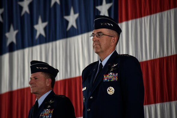 From right, Gen. John Hyten, outgoing commander of Air Force Space Command, and Air Force Chief of Staff Gen. David L. Goldfein prepare to pass command of AFSPC to Gen. John Raymond, Oct. 25, 2016, at Peterson Air Force Base, Colo. (U.S. Air Force photo/Airman 1st Class Dennis Hoffman)