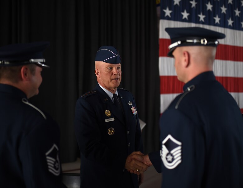 Gen. John Raymond speaks with Airmen shortly after taking charge of Air Force Space Command, Oct. 25, 2016 at Peterson Air Force Base, Colo. Raymond was previously the Deputy Chief of Staff for Operations, Headquarters Air Force. (U.S. Air Force photo/Airman 1st Class Dennis Hoffman)