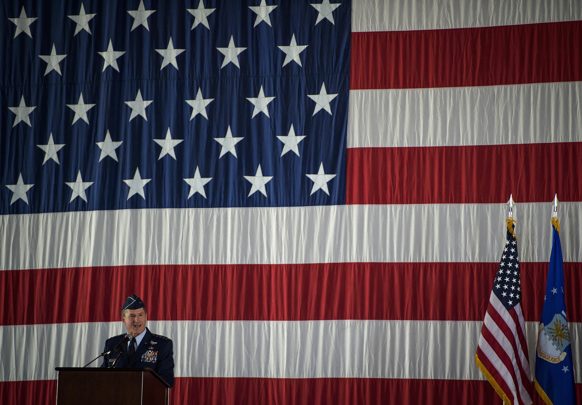 Air Force Chief of Staff Gen. David L. Goldfein speaks during the Air Force Space Command change of command ceremony at Peterson Air Force Base, Colo., Oct. 25, 2016. Minutes later, Gen. John Raymond took command of AFSPC. (U.S. Air Force Photo/Tech. Sgt. David Salanitri)