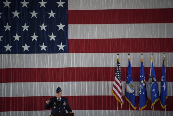 Gen. John Raymond addresses audience members moments after taking charge of Air Force Space Command from Gen. John Hyten at Peterson Air Force Base, Colo., Oct. 25, 2016. Raymond was previously the Deputy Chief of Staff for Operations, Headquarters Air Force. (U.S. Air Force photo/Tech. Sgt. David Salanitri)
