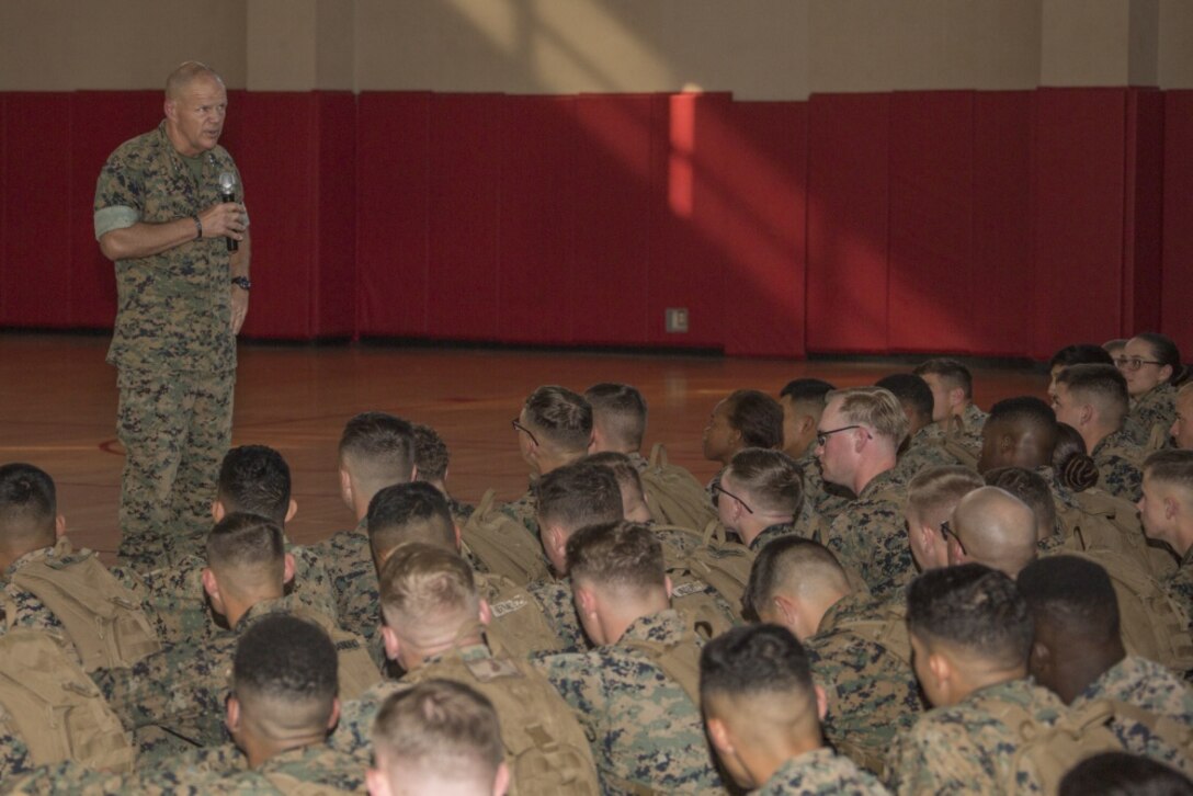 Commandant of the Marine Corps Gen. Robert B. Neller speaks to Marines at Camp Mujuk, Mujuk, South Korean, Oct. 15, 2016. Neller spoke about leadership expectations, readiness, and the future of the U.S. Marine Corps. (U.S. Marine Corps photo by Cpl. Samantha K. Braun) 