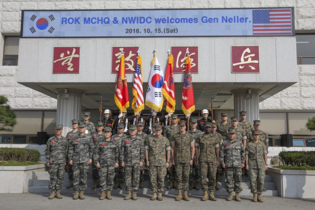 Commandant of the Marine Corps Gen. Robert B. Neller poses for a photo with U.S. Marines and Republic of Korea (ROK) Marines at the ROK Marine Corps Headquarters, Baran, South Korea, Oct. 15, 2016. Neller visited Baran to meet with ROK Marine Corps leadership. (U.S. Marine Corps photo by Cpl. Samantha K. Braun)