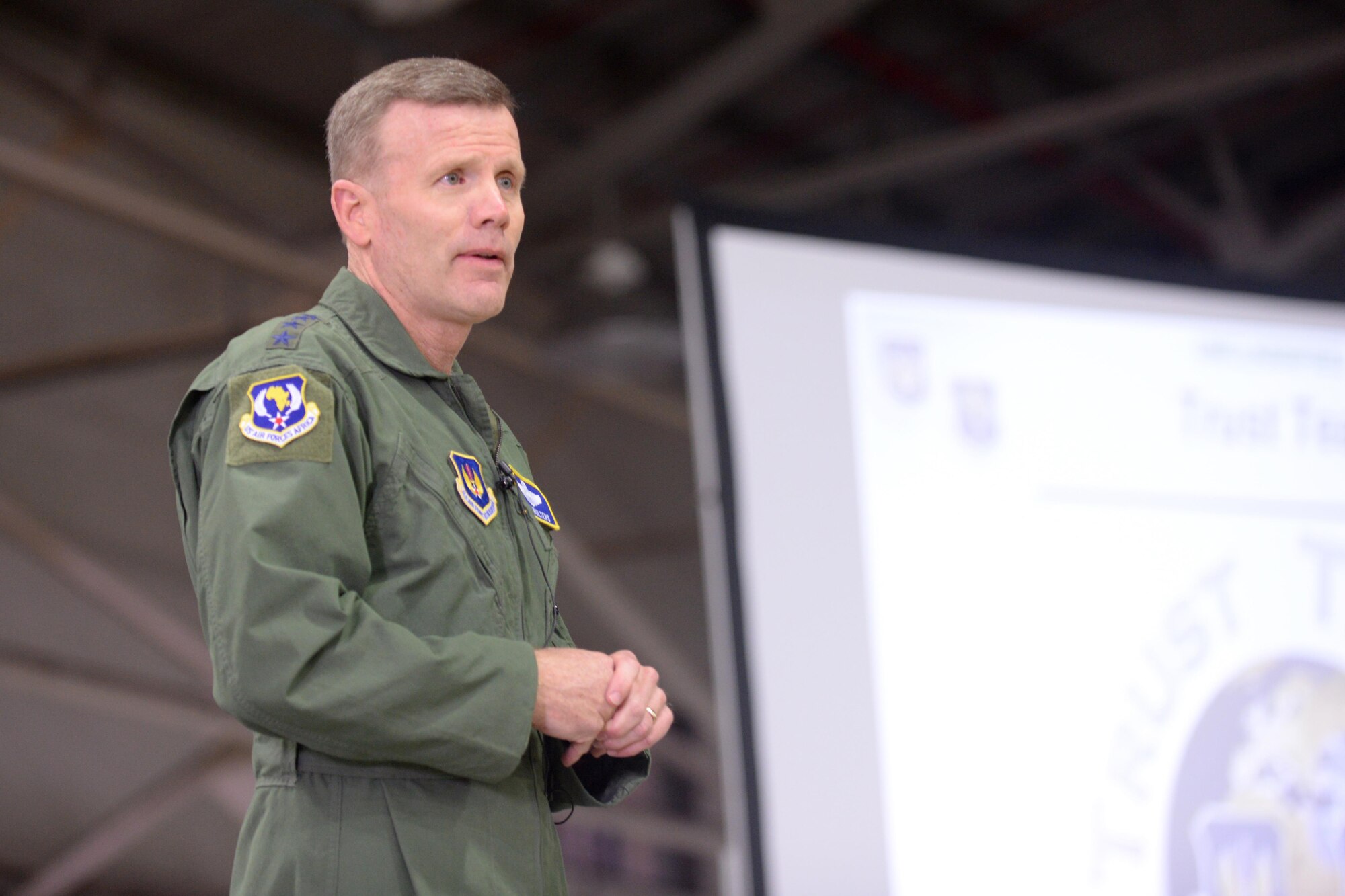 Gen. Tod Wolters, U.S. Air Forces in Europe and Air Forces Africa commander, hosts an all-call at Royal Air Force Lakenheath, England, Oct. 25. Wolters, who assumed command of USAFE-AFAFRICA in August, explained his three priorities – trust, teamwork and training – with Liberty Airmen. (U.S. Air Force photo by Airman 1st Class Eli Chevalier)