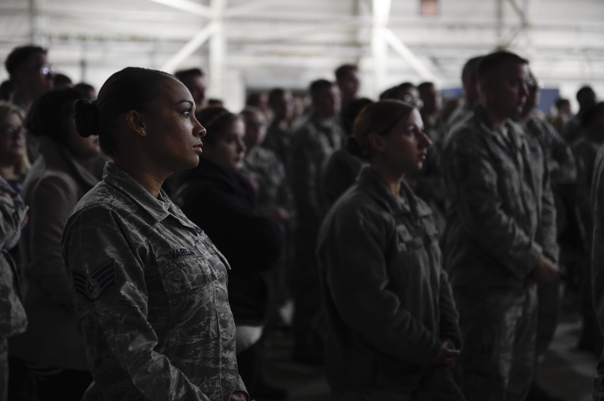 Liberty Airmen listen to Gen. Tod Wolters, U.S. Air Forces in Europe and Air Forces Africa commander, during his all-call inside Hangar 7 at Royal Air Force Lakenheath, England, Oct. 25. Hundreds of Liberty Airman attended the all-call, where Wolters discussed his priorities. (U.S. Air Force photo by Senior Airman Malcolm Mayfield)