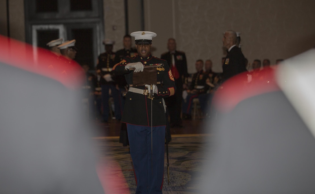 Gunnery Sgt. Sidney Bonner Jr., Inspector-Instructor, Detachment 1, Landing Support Company, Combat Logistics Regiment 45, 4th Marine Logistics Group, gives the adjutant’s call during their 241st Marine Corps Birthday Ball celebration in Rio Grande, Puerto Rico, Oct. 22, 2016. The Reserve Marines are celebrating the 241st birthday as well as the Marine Corps Reserve Centennial anniversary. For the past week they have joined Marine Corps Band New Orleans to commemorate 100 years of rich history, heritage, espirit-de-corps, and a bond with not only Puerto Rico but with communities across the U.S. (U.S. Marine photo by Sgt. Sara Graham/Released)