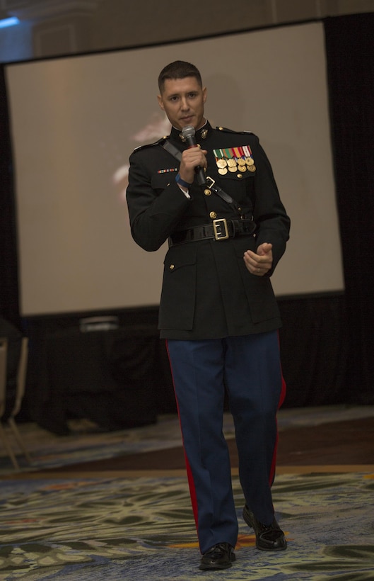 Capt. Ryan L. Cornwell, Inspector-Instructor, Detachment 1, Landing Support Company, Combat Logistics Regiment 45, 4th Marine Logistics Group, speaks during their 241st Marine Corps Birthday Ball celebration in Rio Grande, Puerto Rico, Oct. 22, 2016. The Reserve Marines are celebrating the 241st birthday as well as the Marine Corps Reserve Centennial anniversary. For the past week they have joined Marine Corps Band New Orleans to commemorate 100 years of rich history, heritage, espirit-de-corps, and a bond with not only Puerto Rico but with communities across the U.S. (U.S. Marine photo by Sgt. Sara Graham/Released)