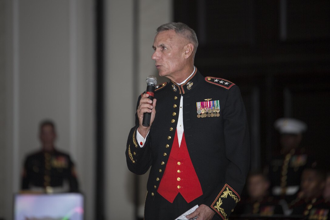 Lt. Gen. Rex C. McMillian, commander of Marine Forces Reserve and Marine Forces North, speaks during Detachment 1, Landing Support Company, Combat Logistics Regiment 45, 4th Marine Logistics Group’s 241st Marine Corps Birthday Ball celebration in Rio Grande, Puerto Rico, Oct. 22, 2016. The Reserve Marines are celebrating the 241st birthday as well as the Marine Corps Reserve Centennial anniversary. For the past week they have joined Marine Corps Band New Orleans to commemorate 100 years of rich history, heritage, espirit-de-corps, and a bond with not only Puerto Rico but with communities across the U.S. (U.S. Marine photo by Sgt. Sara Graham/Released)