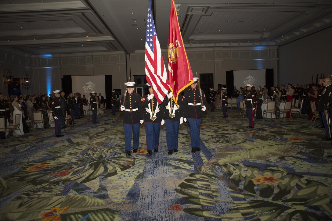 The Marine color guard with Detachment 1, Landing Support Company, Combat Logistics Regiment 45, 4th Marine Logistics Group, retire the colors during their 241st Marine Corps Birthday Ball celebration in Rio Grande, Puerto Rico, Oct. 22, 2016. The Reserve Marines are celebrating the 241st birthday as well as the Marine Corps Reserve Centennial anniversary. For the past week they have joined Marine Corps Band New Orleans to commemorate 100 years of rich history, heritage, espirit-de-corps, and a bond with not only Puerto Rico but with communities across the U.S. (U.S. Marine photo by Sgt. Sara Graham/Released)
