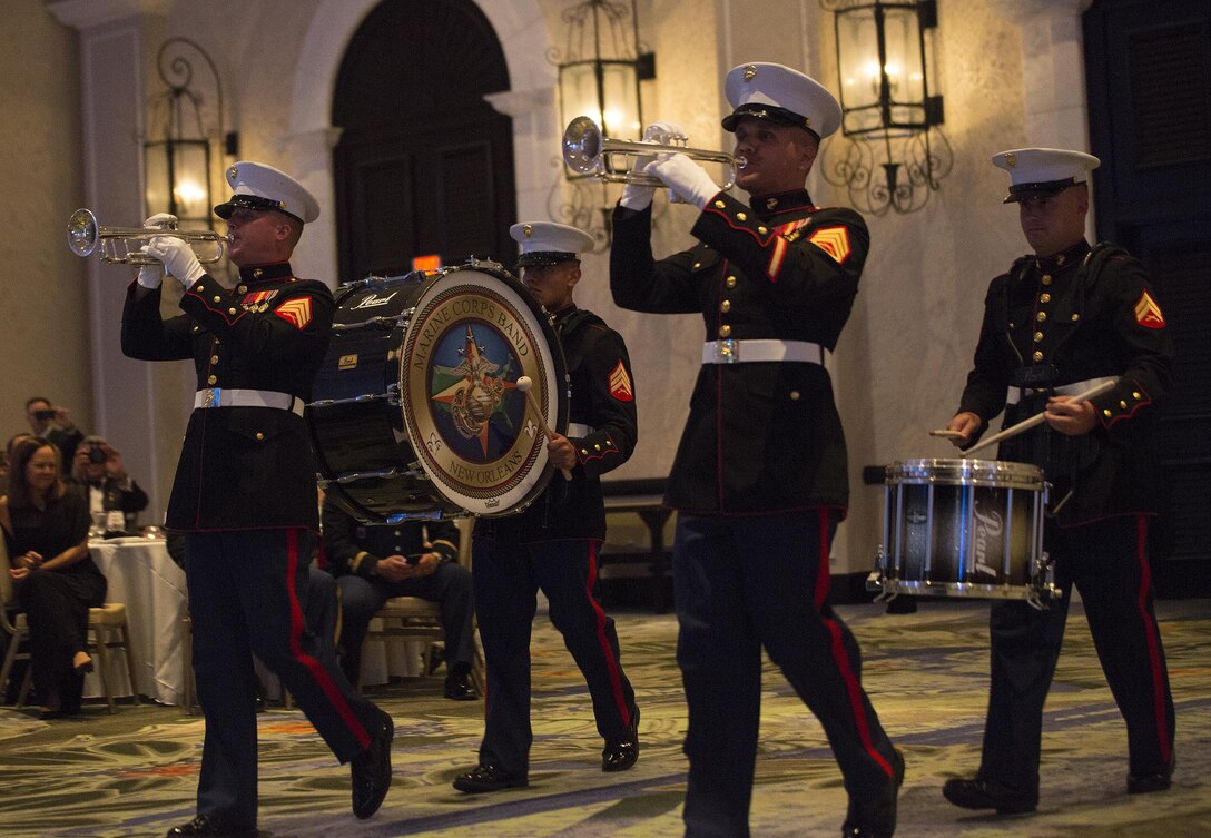 Marine Corps Band New Orleans performs during Landing Support Company, Combat Logistics Regiment 45, 4th Marine Logistics Group’s 241st Marine Corps Birthday Ball celebration in Rio Grande, Puerto Rico, Oct. 22, 2016. The Reserve Marines are celebrating the 241st birthday as well as the Marine Corps Reserve Centennial anniversary. For the past week they have joined Marine Corps Band New Orleans to commemorate 100 years of rich history, heritage, espirit-de-corps, and a bond with not only Puerto Rico but with communities across the U.S. (U.S. Marine photo by Sgt. Sara Graham/Released)