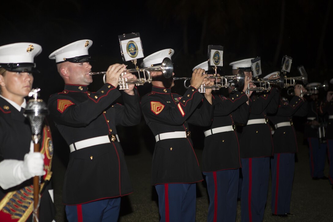 Marine Corps Band New Orleans performs during Landing Support Company, Combat Logistics Regiment 45, 4th Marine Logistics Group’s 241st Marine Corps Birthday Ball celebration in Rio Grande, Puerto Rico, Oct. 22, 2016. The Reserve Marines are celebrating the 241st birthday as well as the Marine Corps Reserve Centennial anniversary. For the past week they have joined Marine Corps Band New Orleans to commemorate 100 years of rich history, heritage, espirit-de-corps, and a bond with not only Puerto Rico but with communities across the U.S. (U.S. Marine photo by Sgt. Sara Graham/Released)