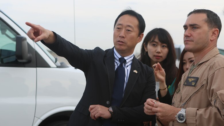 Yoshihiko Fukuda, left, mayor of Iwakuni, Japan, and Lt. Col. J.T. Bardo, commanding officer of Marine Fighter Attack Squadron 121, observe an F-35B Lightning II take off from the flight line at Marine Corps Air Station Yuma, Arizona, Oct. 24, 2016. Fukuda visited the air station to speak with Marine Corps aviation officials, observe the capabilities of the F-35B Lightning II and expand his knowledge of the aircraft before VMFA-121 relocates to MCAS Iwakuni next year. 