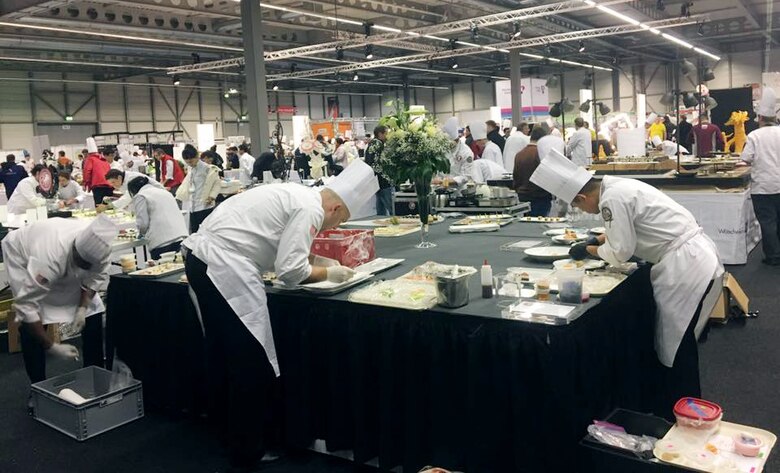 Sgt. Joseph Hale, enlisted aide, LOGCOM, is the only Marine competing with the U.S. Army Culinary Arts Team at the International Exhibition of Culinary Art Culinary Olympics in Germany, Oct. 22-26. 