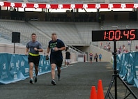 Army Capt. Michael J. Havro, (In Army PTs) 211th Mobile Public Affairs executive office and a native of Palatine, IL and Spc. Logan N. Rath also with the 211th MPAD and a native of College Station keep pace in a 10K race held in College Station, TX on the Texas A&M campus on 16 October 2016.
The race is part of the Bryan/College Station races series that host progressively longer races culminating in a full marathon.
(U.S. Army photo by Sgt. Rigo Cisneros)
