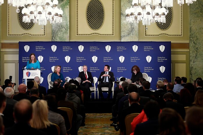 Michele Flournoy, the Center for a New American Security founder, introduces Air Force Secretary Deborah Lee James during a CNAS panel moderated by Barbara Starr, CNN's Pentagon correspondent, in Washington, D.C., Oct. 24, 2016. James shared the panel with Army Secretary Eric Fanning and Navy Secretary Ray Mabus. (U.S. Air Force photo/Scott M. Ash)