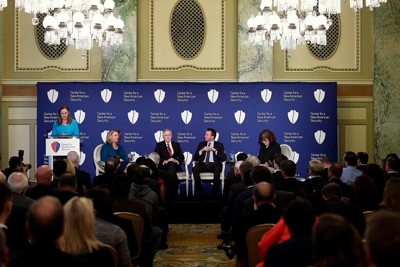 Michele Flournoy, the Center for a New American Security founder, introduces Air Force Secretary Deborah Lee James during a CNAS panel moderated by Barbara Starr, CNN's Pentagon correspondent, in Washington, D.C., Oct. 24, 2016. James shared the panel with Army Secretary Eric Fanning and Navy Secretary Ray Mabus. (U.S. Air Force photo/Scott M. Ash)