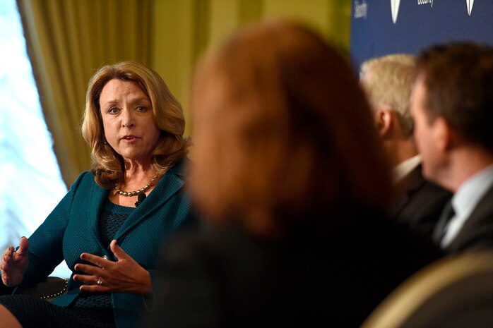 Air Force Secretary Deborah Lee James answers questions during the Center for a New American Security panel moderated by Barbara Starr, CNN's Pentagon Correspondent, in Washington, D.C., Oct. 24, 2016. James shared the panel with Army Secretary Eric Fanning and Navy Secretary Ray Mabus. (U.S. Air Force photo/Scott M. Ash)