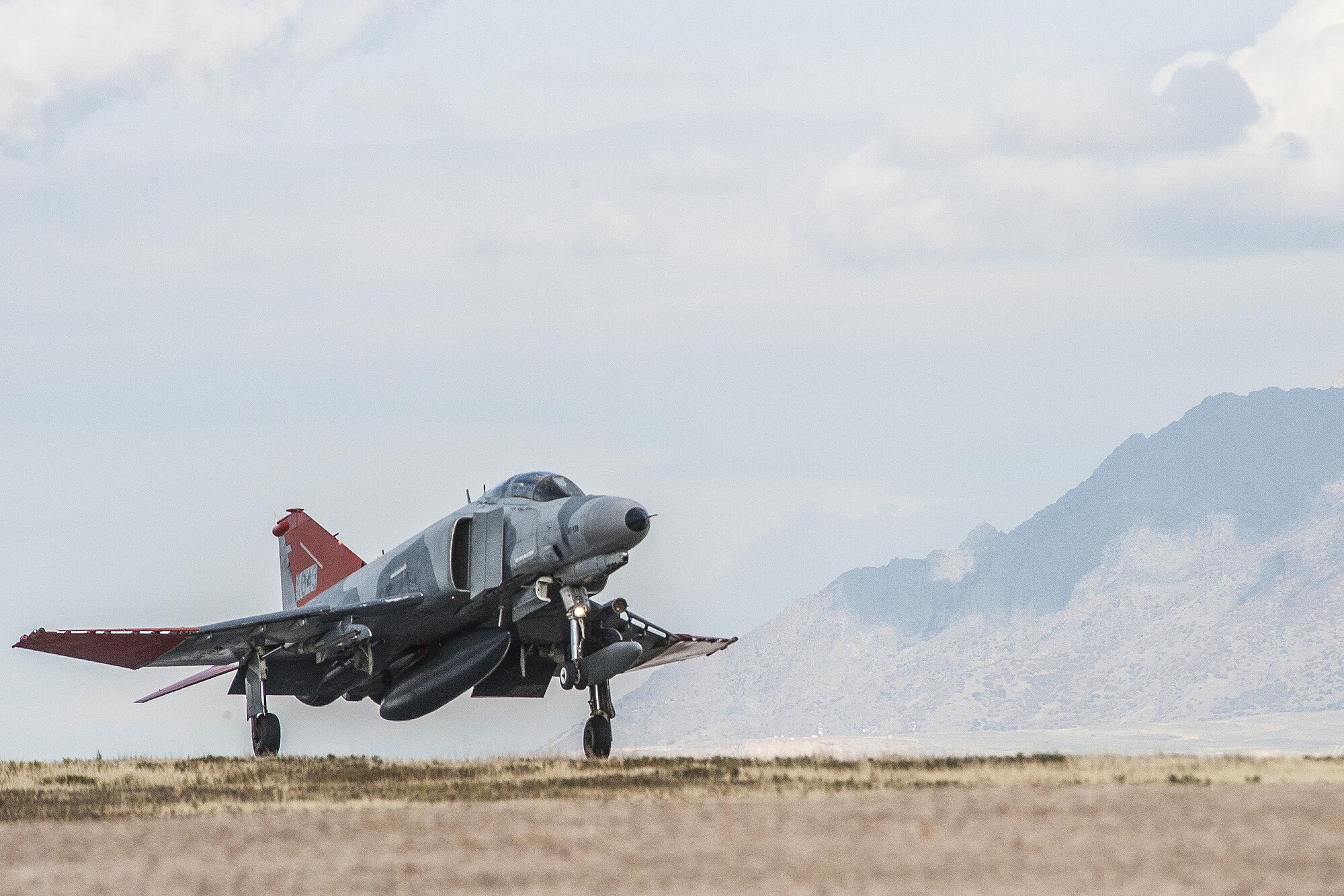 A QF-4 Aerial Target aircraft in manned configuration, piloted by Lt. Col. Ron King, 82nd Aerial Targets Squadron, Detachment 1 commander, arrives at Hill Air Force Base, Oct. 25. (U.S. Air Force photo by Paul Holcomb)