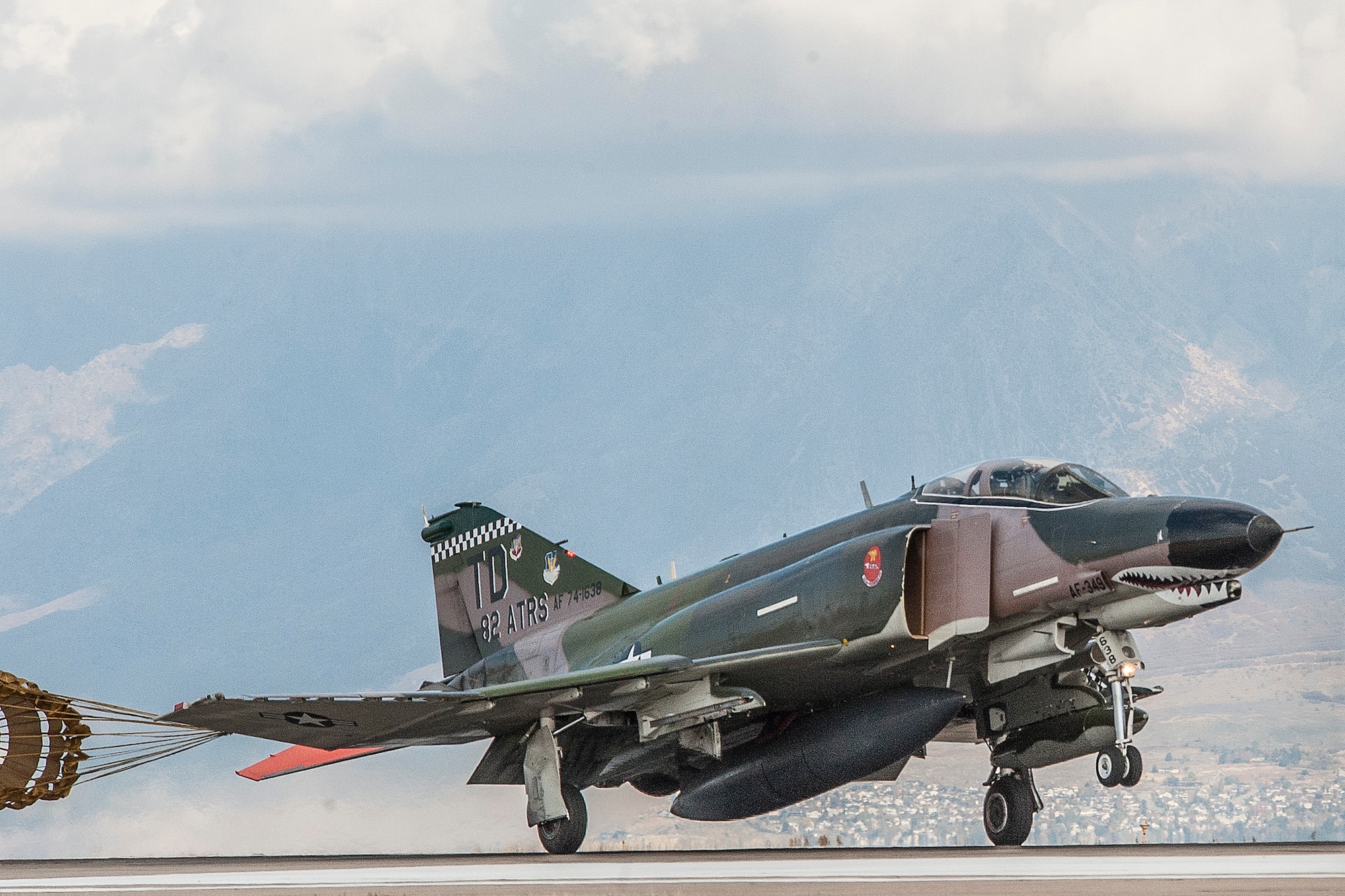 A QF-4 Aerial Target aircraft in manned configuration, piloted by Jim Harkins, 82nd Aerial Targets Squadron, Detachment 1, arrives at Hill Air Force Base, Oct. 25. (U.S. Air Force photo by Paul Holcomb)