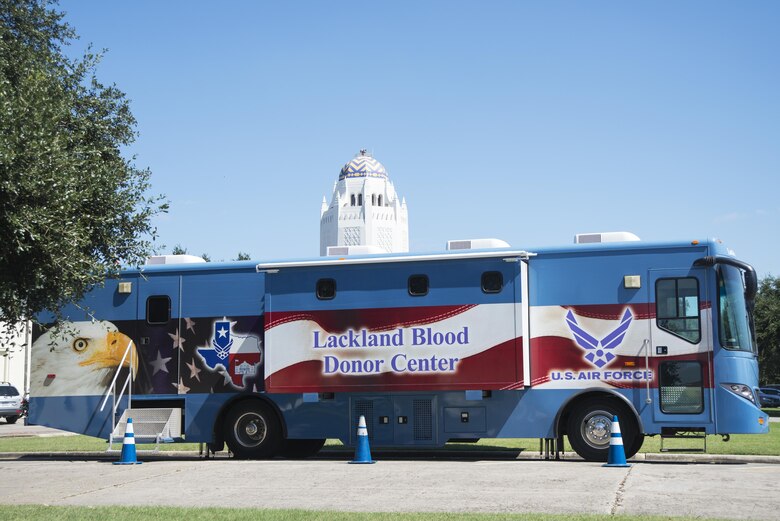 The Lackland Blood Donor Center is a climate-controlled vehicle with 1,000 square feet of interior space, including six beds with a drop-down, 17-inch screen that plays DVDs for donor convenience. The bus was unveiled in 2011 and provides flexibility in scheduling blood drives at various Air Force locations around San Antonio. 