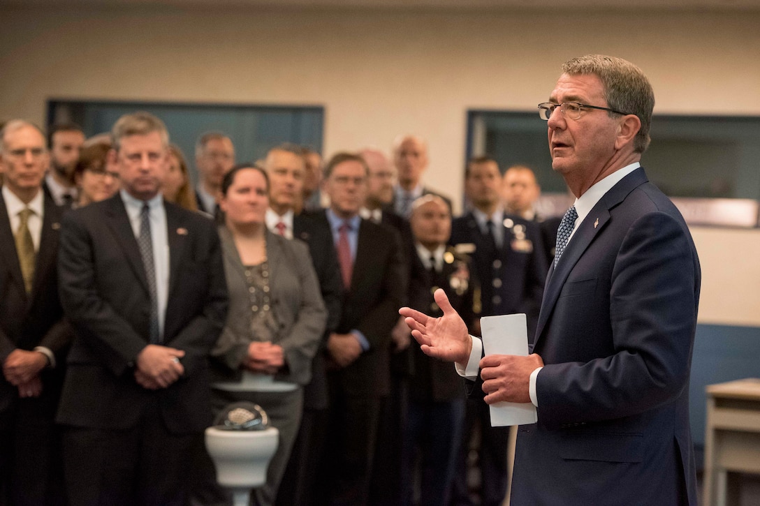 Defense Secretary Ash Carter speaks while presenting the Joint Meritorious Unit Award to the U.S. Mission to NATO in Brussels, Oct. 26, 2016. DoD photo by Air Force Tech. Sgt. Brigitte N. Brantley<br /><br /><a target="_blank" href="https://www.flickr.com/photos/secdef">
Click here to see more images on Secretary Carter's Flickr page. </a>