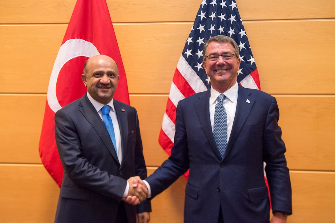 Defense Secretary Ash Carter meets with Turkish Defense Minister Fikri Işık at NATO headquarters in Brussels, Oct. 26, 2016. DoD photo by Air Force Tech. Sgt. Brigitte N. Brantley<br /><br /><a target="_blank" href="https://www.flickr.com/photos/secdef">
Click here to see more images on Secretary Carter's Flickr page. </a>