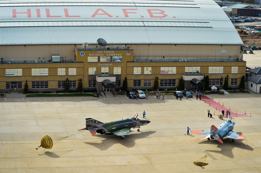 QF-4 Aerial Target aircraft in manned configuration, piloted by Jim Harkins, left, and Lt. Col. Ron King, both pilots from the 82nd Aerial Targets Squadron, Detachment 1, Holloman Air Force Base, New Mexico, arrive at Hill Air Force Base, Oct. 25. (U.S. Air Force photo by R. Nial Bradshaw)