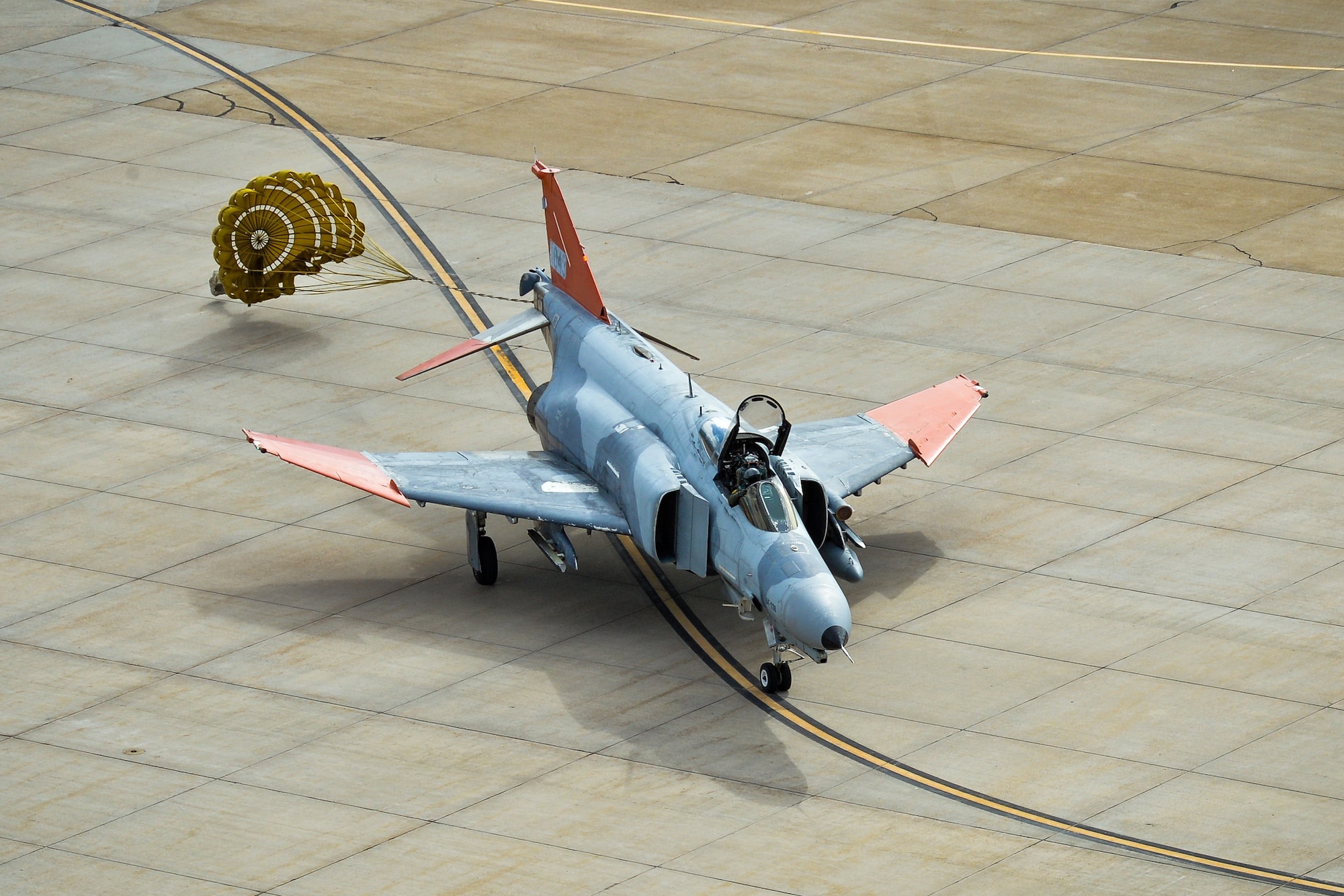 A QF-4 Aerial Target aircraft in manned configuration, piloted by Lt. Col. Ron King, 82nd Aerial Targets Squadron, Detachment 1 commander, Holloman Air Force Base, New Mexico, taxis  after landing at Hill Air Force Base, Oct. 25. (U.S. Air Force photo by R. Nial Bradshaw)