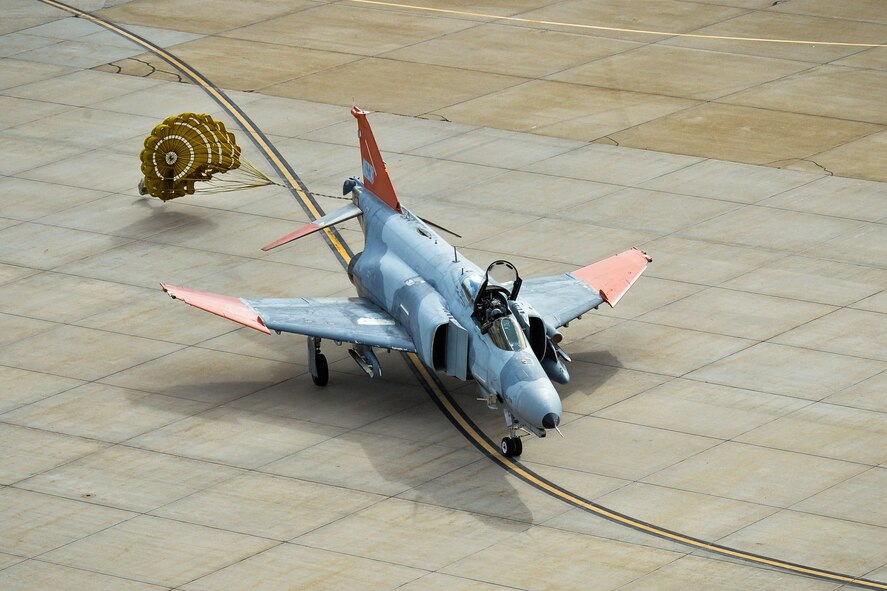 A QF-4 Aerial Target taxis on the flightline at Hill Air Force Base, Utah, Oct. 25, 2016. The QF-4 was piloted by Lt. Col. Ron King, the commander of Detachment 1, 82nd Aerial Targets Squadron, at Holloman AFB, New Mexico. (U.S. Air Force photo/R. Nial Bradshaw)