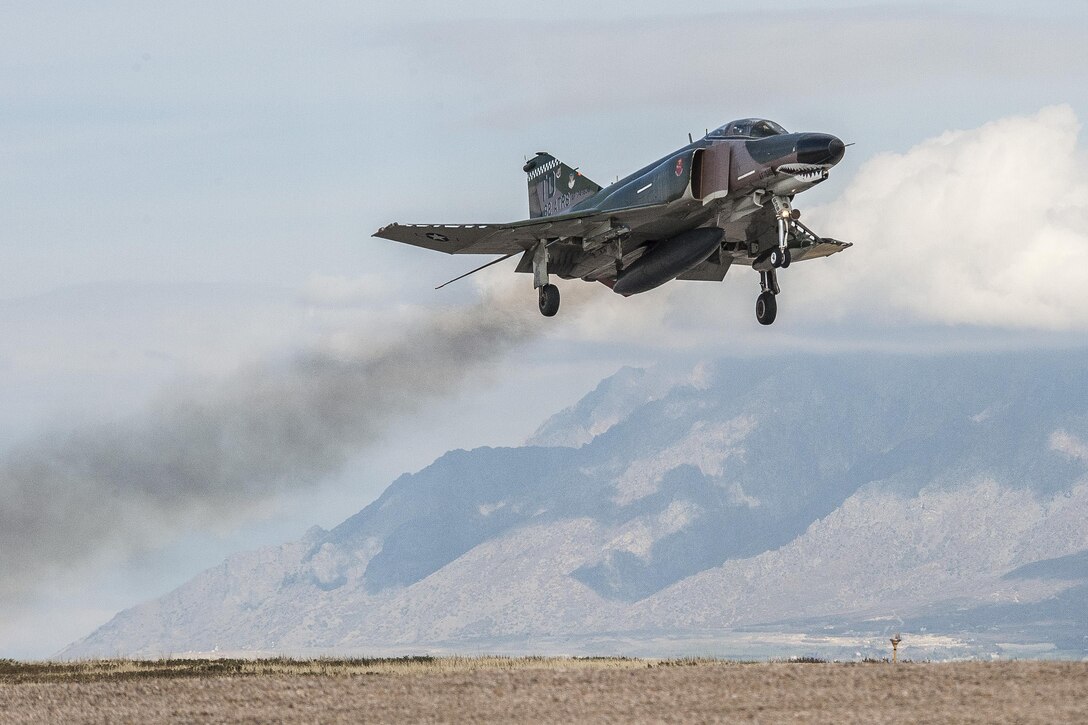 A QF-4 Aerial Target aircraft in manned configuration, piloted by Jim Harkins, 82nd Aerial Targets Squadron, Detachment 1, performs a flyby at Hill Air Force Base, Oct. 25. (U.S. Air Force photo by Paul Holcomb)
