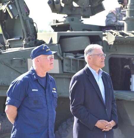 The Commander of the Coast Guard 13th District and the Governor of Washington at a news conference announcing the FEMA-led Cascadia Rising exercise. Cascadia Rising is a four-day FEMA led exercise held to test the capabilities of federal, tribal, state, local governments and private sector emergency response operations. (U.S Coast Guard photo by Petty Officer 3rd Class Andrea Anderson)