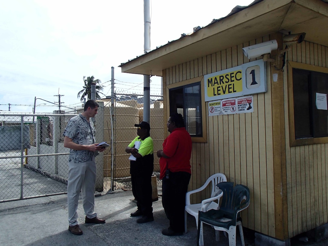 A Coast Guard International Port Security team meets with officials from the Republic of the Marshall Islands. This engagement involved sharing best practices and visiting with the Secretary of Transportation and Communication to observe the implementation of the International Ship and Port Facility Security Code at two port facilities in Majuro. (U.S. Coast Guard Photo by Activities Far East)