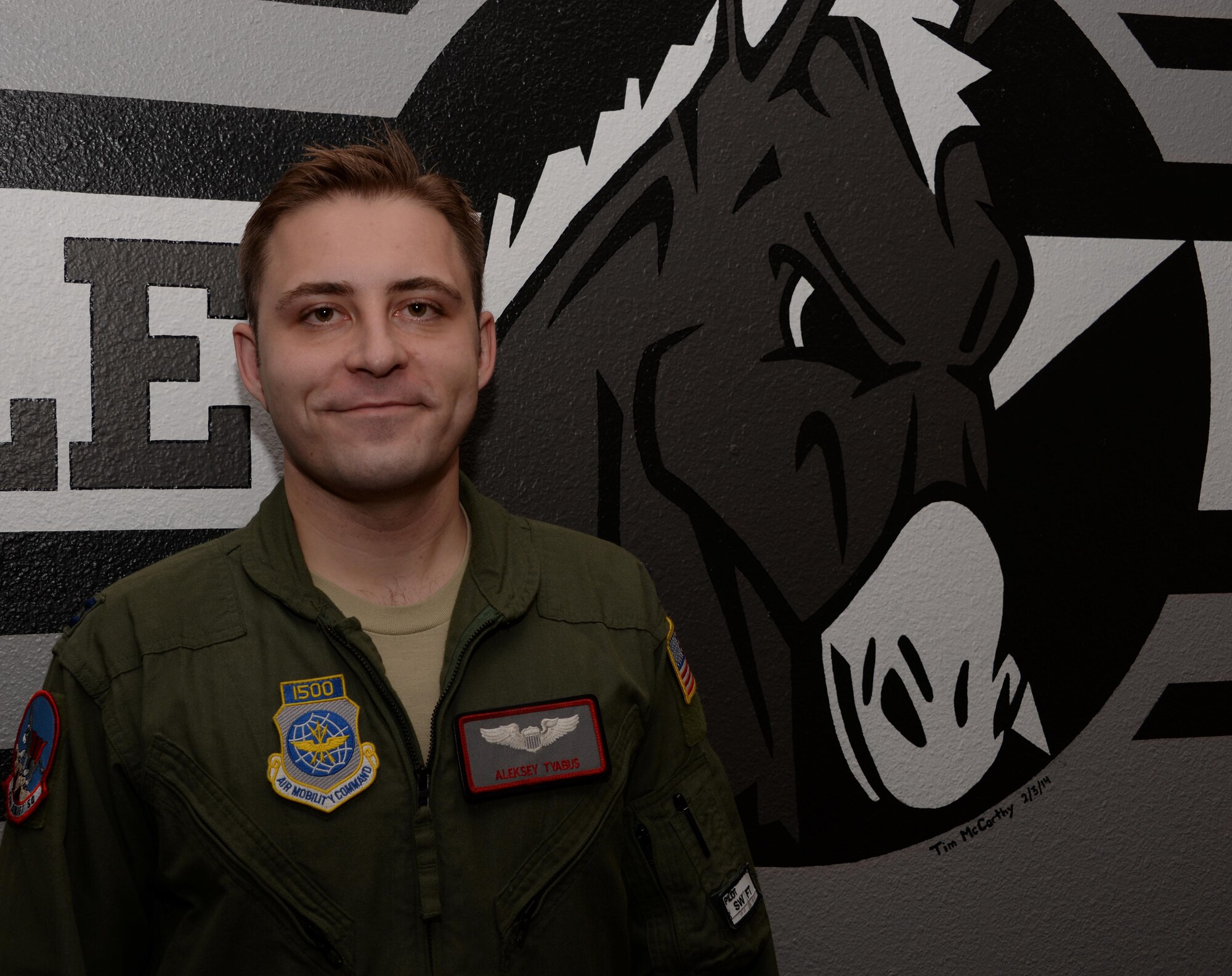 Capt. Aleksey Tyabus, 22nd Airlift Squadron executive officer and C-5M Super Galaxy aircraft commander, poses for a photo at Travis Air Force Base, Calif., Oct. 25, 2016. Tyabus is the first person in the 22nd AS to receive the Alpine Swift Award twice. Tyabus flew nearly 80 sorties since Jan. 1, 2016. (U.S. Air Force photo by Tech. Sgt. James Hodgman)