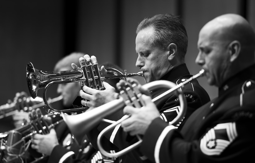 U.S. Air Force Band's Airmen of Note trumpeters, Senior Master Sgt. Kevin Burns and Chief Master Sgt. Tim Leahey, perform during the during a 2016 Jazz Heritage Series performance at the Rachel M. Schlesinger Concert Hall in Alexandria, Va., Oct. 21, 2016. The Airmen of Note established the Jazz Heritage Series in 1990 and each year they perform with legendary icons of jazz. (U.S. Air Force photo by Airman Gabrielle Spalding)