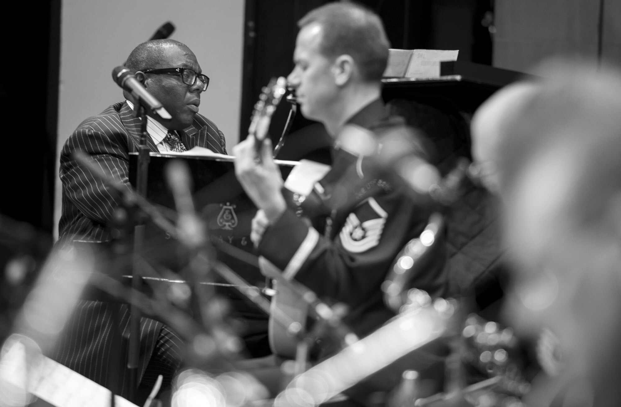 Cyrus Chestnut, jazz pianist, plays the piano alongside the U.S. Air Force Band's Airmen of Note, during a 2016 Jazz Heritage Series performance at the Rachel M. Schlesinger Concert Hall in Alexandria, Va., Oct. 21, 2016. Each year, a Jazz Heritage Series performance features a legendary icon of jazz. Chestnut has worked with many big bands, including the Lincoln Center Jazz Orchestra and the Dizzy Gillespie All-Star Big Band. (U.S. Air Force photo by Airman Gabrielle Spalding)