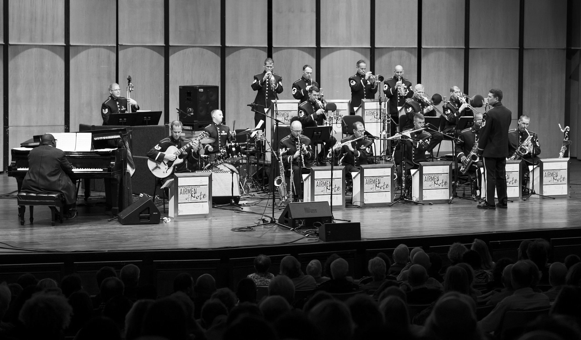 Cyrus Chestnut, jazz pianist, plays piano with the U.S. Air Force Band's Airmen of Note, during the 2016 Jazz Heritage Series performance at The Rachel M. Schlesinger Concert Hall in Alexandria, Va., Oct. 21, 2016. The Airmen of Note established the Jazz Heritage Series in 1990 and each year they perform with legendary icons of jazz. Chestnut, who has worked with many big bands, including the Lincoln Center Jazz Orchestra and the Dizzy Gillespie All-Star Big Band, was the featured guest during this series performance. (U.S. Air Force photo by Airman Gabrielle Spalding)