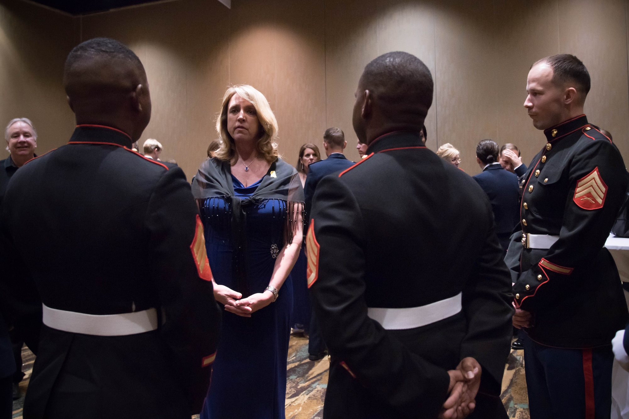 Secretary of the Air Force Deborah Lee James speaks
with Marines from Keesler Air Force Base's Marine detachment during the 38th Annual Salute to the Military event at the Gulf Coast Convention Center in Biloxi Miss. Oct. 25. (U.S. Air Force photo/Senior Airman Heather Heiney)