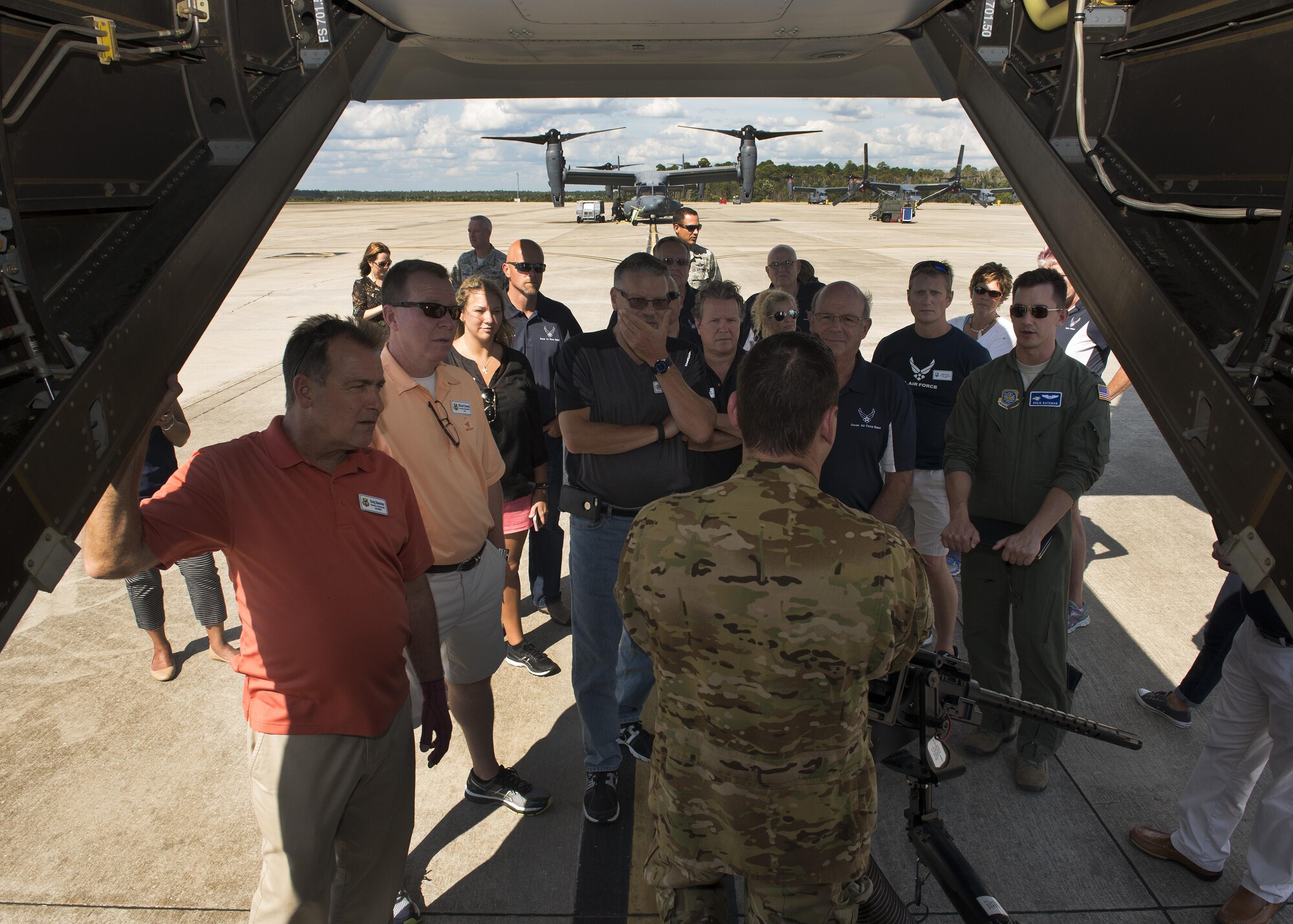 Team Dover honorary commanders and civic leaders are given a tour of a static CV-22 Osprey during a community relations tour Oct. 20, 2016, at Hurlburt Field, Fla. Hurlburt Field is home to the Air Force Special Operations Command. (U.S. Air Force photo by Senior Airman Zachary Cacicia)