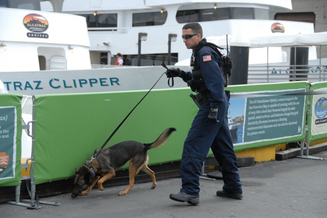 A Coast Guard Petty Officer K-9 handler at Maritime Safety and Security Team San Francisco, conducts a security sweep of the Alcatraz Island ferry pier with his dog. The Maritime Safety and Security Team members were brought in to conduct security sweeps of ferries entering and departing San Francisco during Fleet Week. 