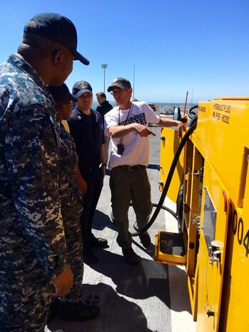 160915-N-IL267-007 SAN DIEGO (Sept. 15, 2016) Tracy Harasti, an environmental protection specialist with Naval Surface Warfare Center, Carderock Division, trains Seaman Uzoma Hojo in the use of the Mobile Cleaning Reclaim and Recovery System on the flight deck of the amphibious assault ship USS America (LHA 6). (U.S. Navy photo by Dustin Q. Diaz/Released)