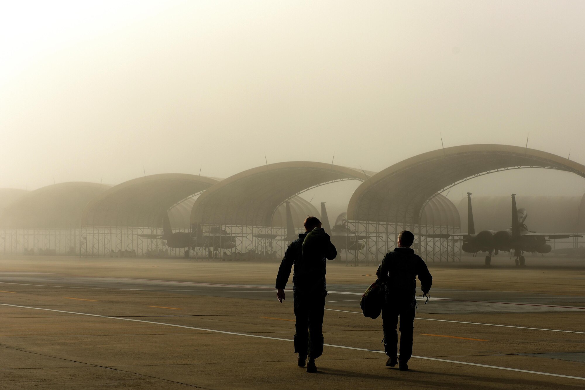 Lt. Col. Paul Jeffords, 336th Fighter Squadron pilot (left), and Lt. Col. Chris Auger, 4th Operations Support Squadron weapons system officer (right),  step to their aircraft to participate in Razor Talon, Oct. 21, 2016, at Seymour Johnson Air Force Base, North Carolina. Razor Talon is a low-cost, large-force training exercise for joint East Coast tactical and support aviation units. (U.S. Air Force photo by Airman Miranda A. Loera)