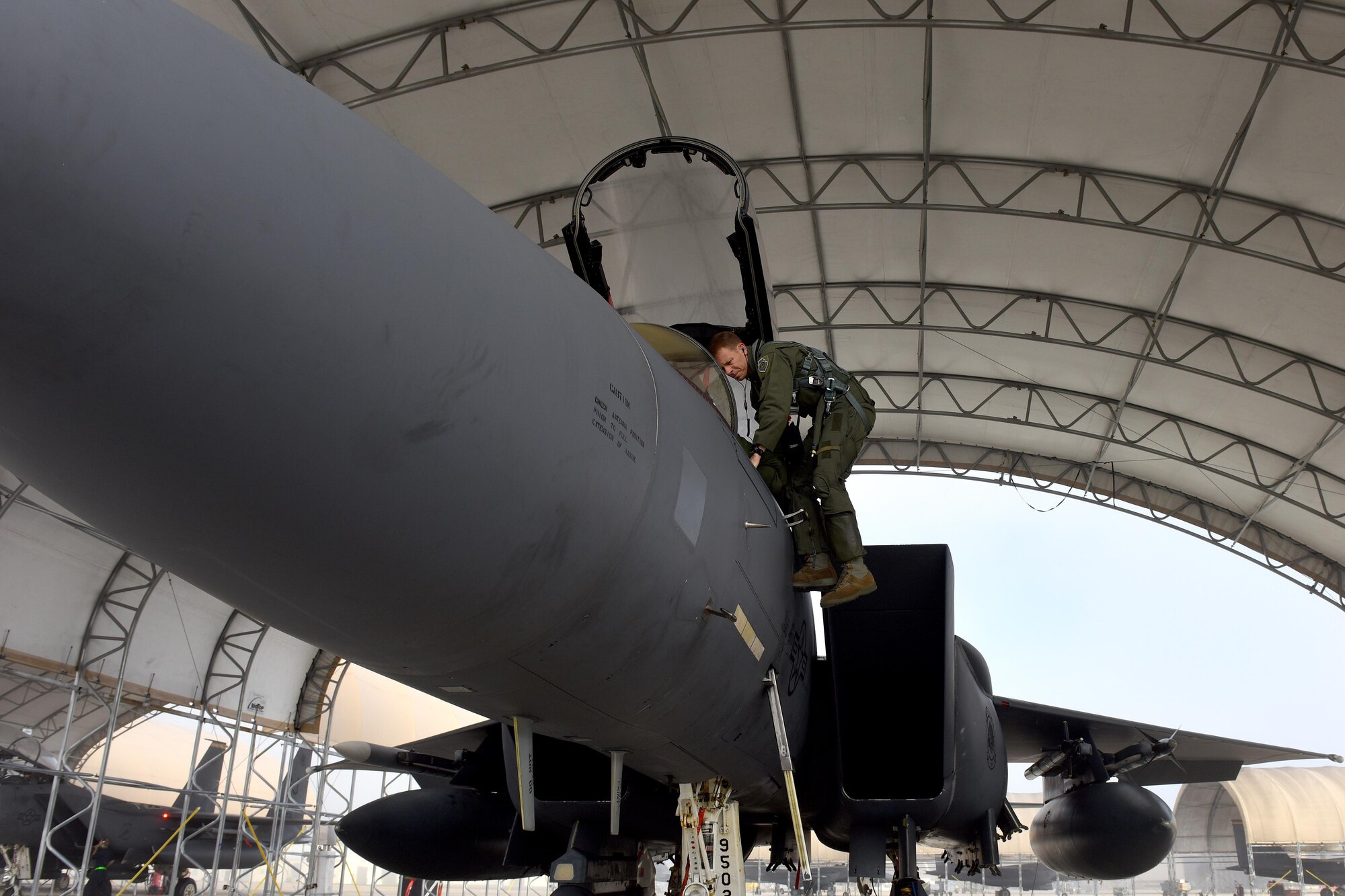 Lt. Col. Paul Jeffords, 336th Fighter Squadron pilot, boards an F-15E Strike Eagle to participate in Razor Talon, Oct. 21, 2016, at Seymour Johnson Air Force Base, North Carolina. The training mission marked Jeffords’ final flight for the 336th FS as he will take over as commander of the 4th Operations Support Squadron. (U.S. Air Force photo by Airman Miranda A. Loera)