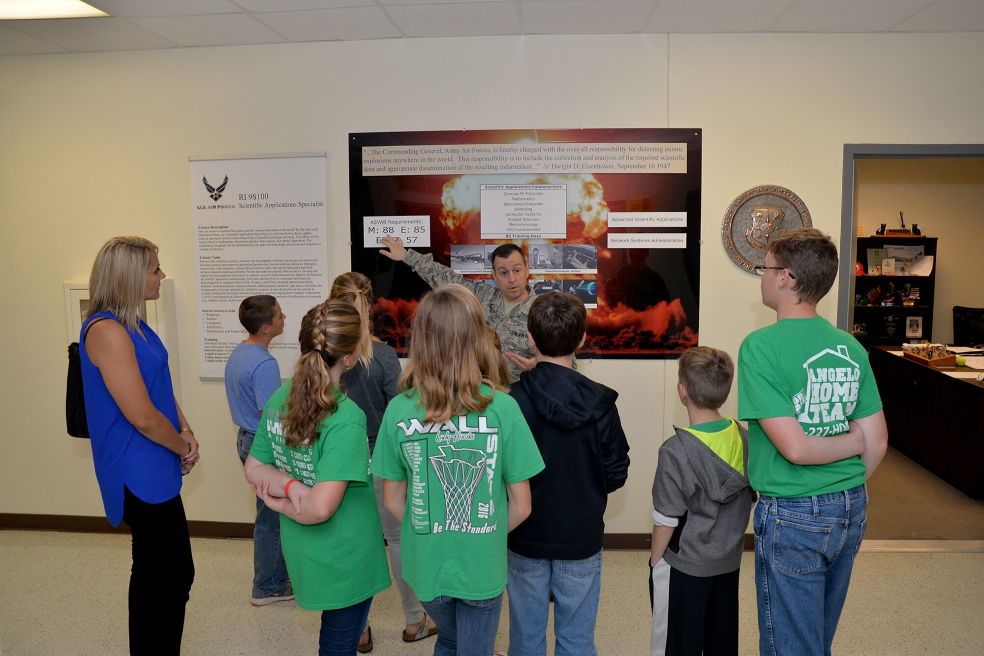 Master Sgt. Robert Mrowiec, 312th Training Squadron course development manager, gives a tour of Brandenburg Hall to Wall Middle School students on Goodfellow Air Force Base, Texas, Oct. 24, 2016. The 312th TRS gave the tour to inspire students interested in science, technology, engineering and mathematics. (U.S. Air Force photo by Airman 1st Class Randall Moose)