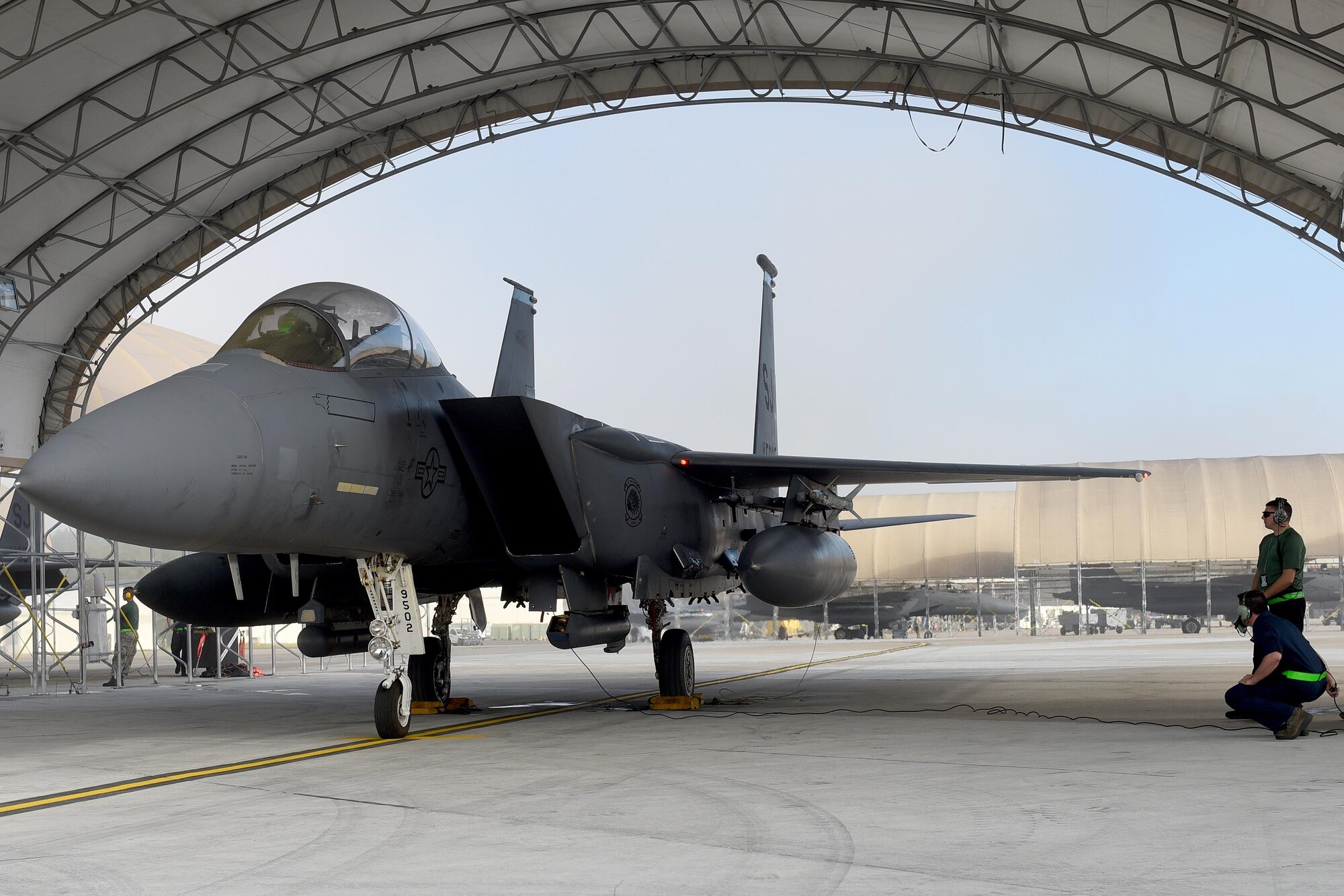 An F-15E Strike Eagle waits to taxi to the runway during Razor Talon, Oct. 21, 2016, at Seymour Johnson Air Force Base, North Carolina. Razor Talon is an initiative developed by Seymour Johnson AFB to allow joint integration and training opportunities for every branch of the armed forces. 