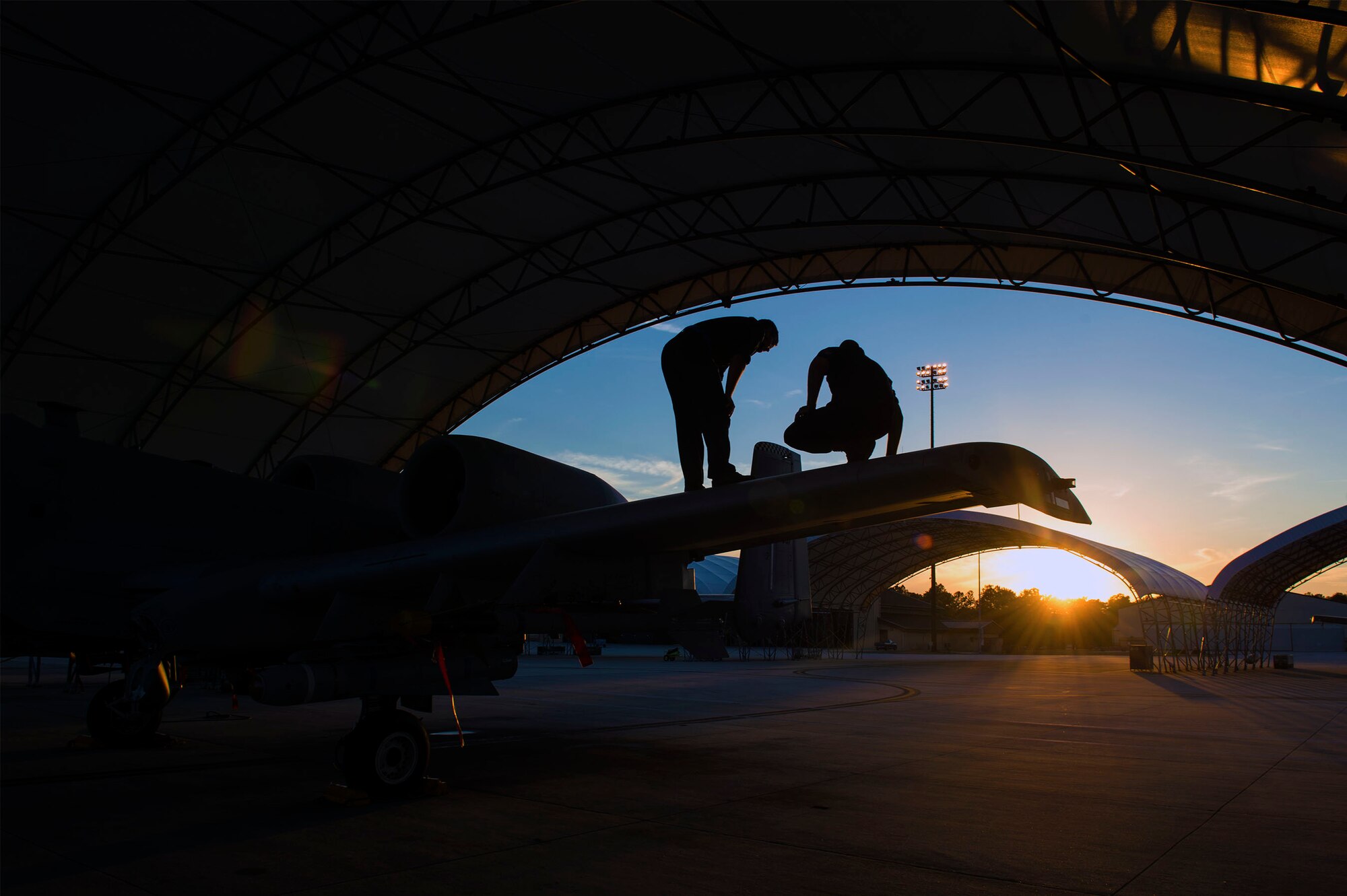 Dedicated crew chiefs from the 74th Aircraft Maintenance Unit, Staff Sgt. Alexander Dean, right, and Airman Christian Moore, inspect the wing of an A-10C Thunderbolt II prior to night operational flight training, Oct. 25, 2016, at Moody Air Force Base, Ga. Crew chiefs from the 74th AMU perform special pre- and post-flight inspections to ensure that Moody’s 74th Fighter Squadron pilots can safely fly at a moment’s notice. (U.S. Air Force photo by Airman 1st Class Greg Nash)